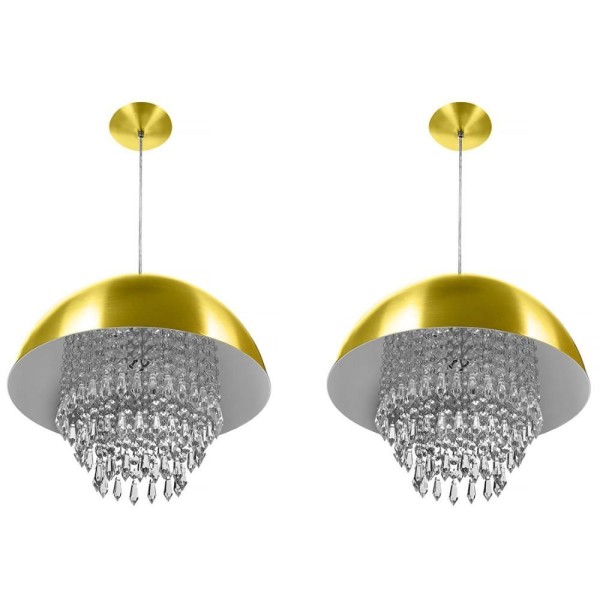 Encontraproduto.com.br - Kit 2 Lustre Pendente Meia Lua 40cm Dourado Cristal Acrilico