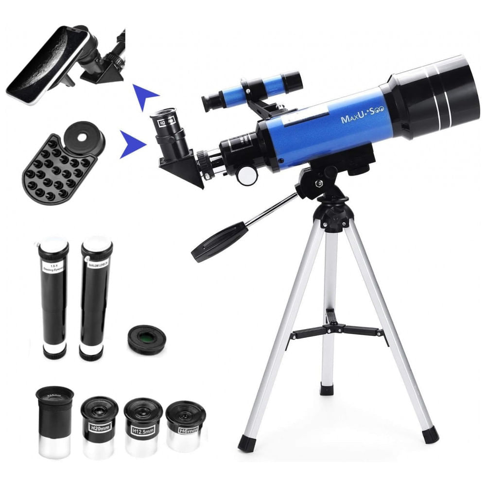 Telescópio Astronômico 16x200 com 4 Oculares de Ampliação e Adaptador de Telefone, MaxUSee F400X70, Azul