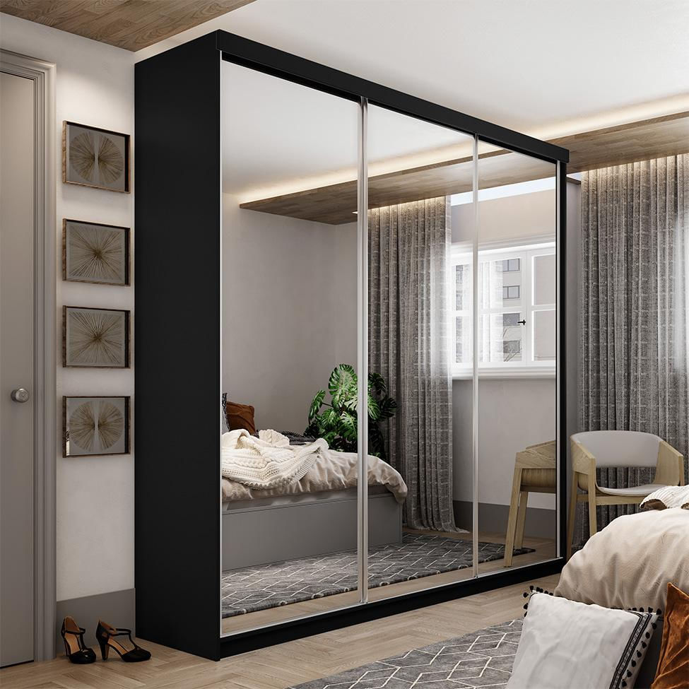 Guarda-Roupa Casal com 3 Espelhos Geneve 100% MDF 3 PT 4 GV Preto