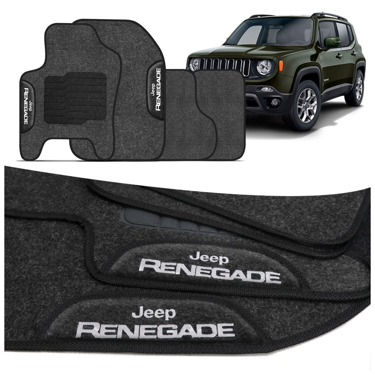 Jogo de Tapete Carpete Jeep Renegade 2015 a 2025 Grafite Logo Bordado Concept 3D 5 Peças