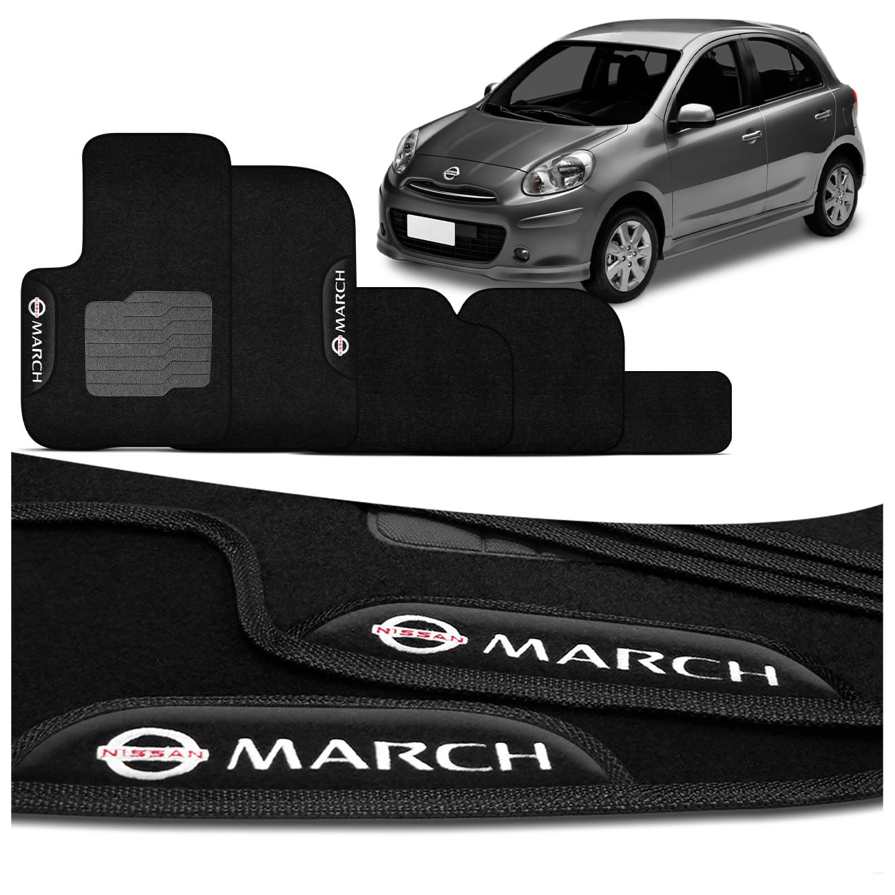 Jogo de Tapete Carpete Nissan March 2011 a 2020 Preto Grafite Com Logo Bordada Concept 3D 5 Peças