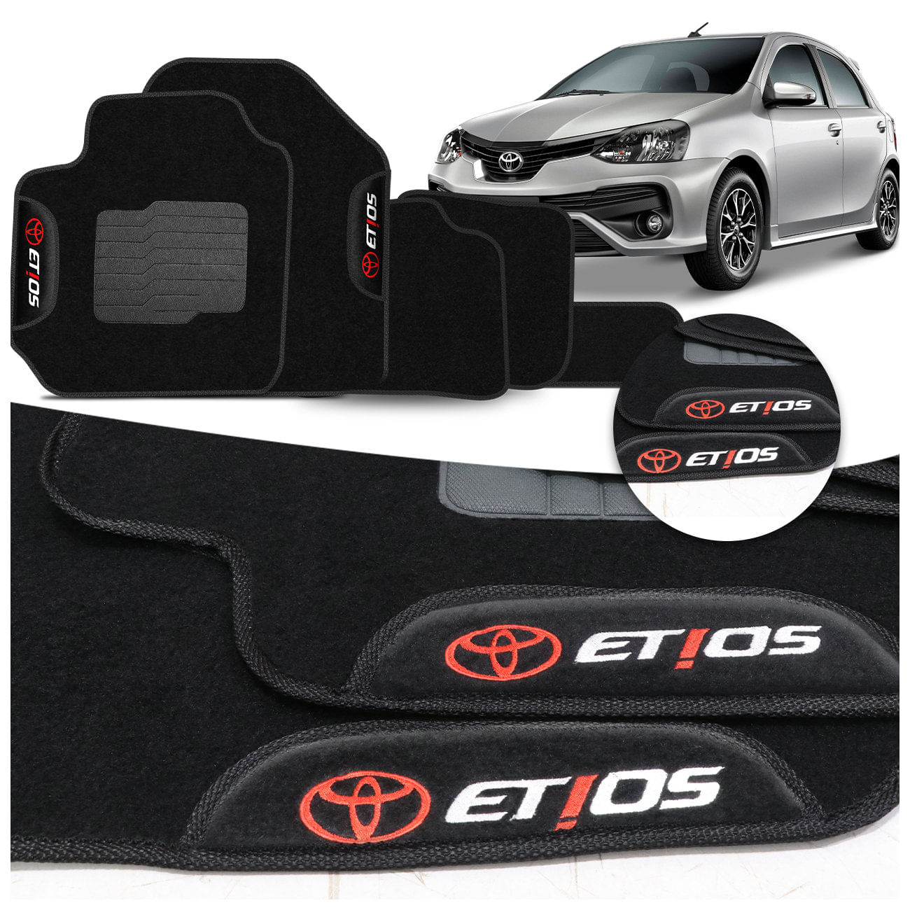 Jogo de Tapete Carpete Etios 2013 a 2021 Preto Com Logo Bordado Concept 3D 5 Peças