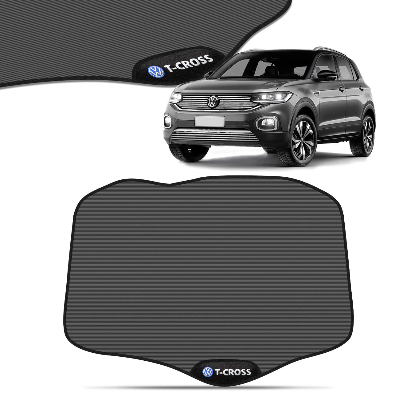 Encontraproduto.com.br - Tapete Porta Malas Liso PVC T-Cross 2019 a 2024 Preto Com Emblema e Grafia Bordado