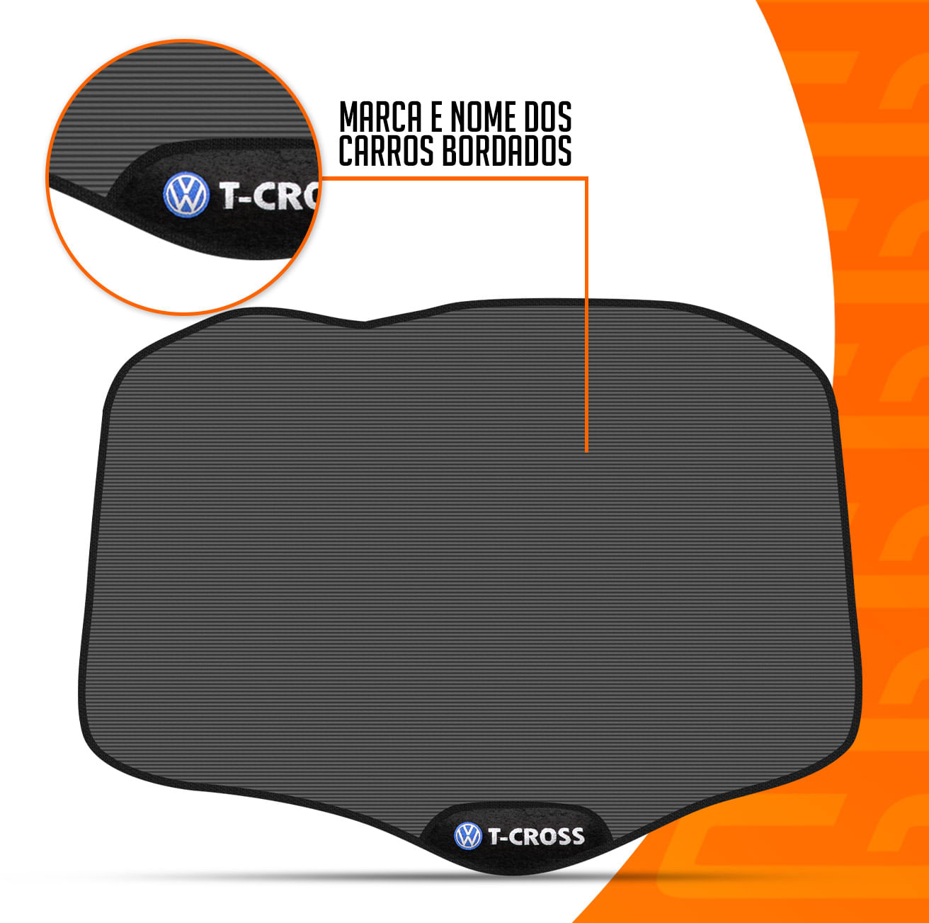 Encontraproduto.com.br - Tapete Porta Malas Liso PVC T-Cross 2019 a 2024 Preto Com Emblema e Grafia Bordado