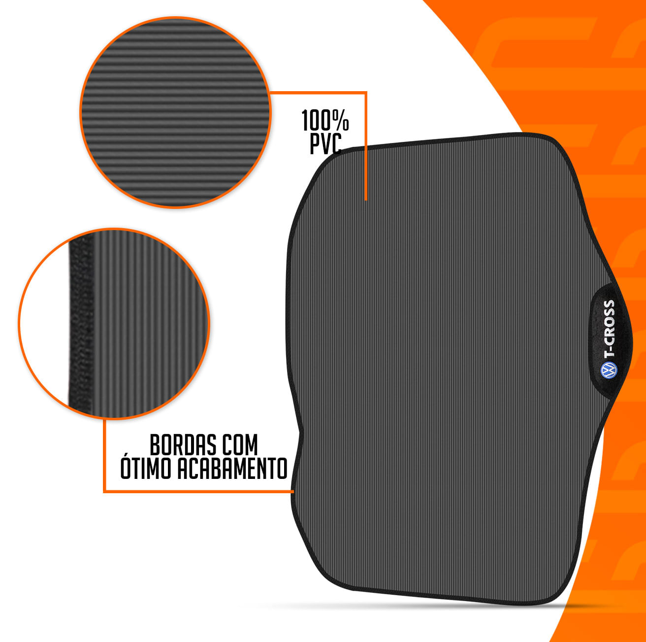 Encontraproduto.com.br - Tapete Porta Malas Liso PVC T-Cross 2019 a 2024 Preto Com Emblema e Grafia Bordado