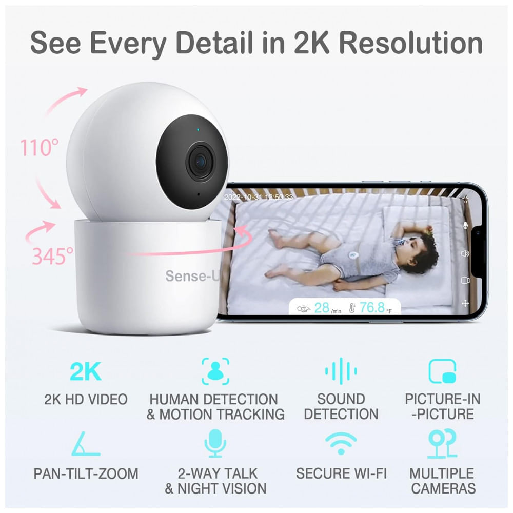 Encontraproduto.com.br - Babá Eletrônica Câmera Remota com Áudio Birecional Visão Noturna e Detecção de Movimento, SENSE U SU WA003, Branco