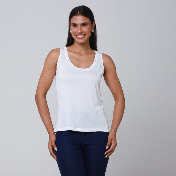 Encontraproduto.com.br - Blusa Sem Manga Decotada Com Aviamento Off White  - Viva
