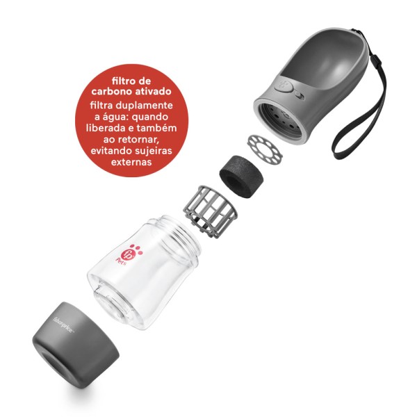 Encontraproduto.com.br - Garrafa Portátil Pet com Porta-Comida Water And Food To Go 258/200ml com Filtro De Carvão Ativado Cinza - Fisher Price - PP262OUT [Reembalado]