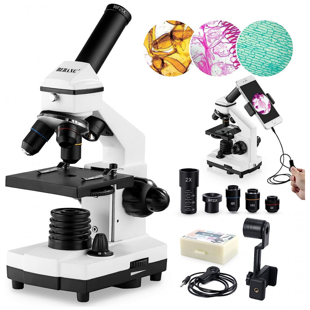 Encontraproduto.com.br - Microscópio Biológico Profissional para Crianças Estudantes 100X 2000X com Lâminas, Bivolt, BEBANG, Branco