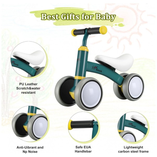 Encontraproduto.com.br - Bicicleta sem Pedal com 4 Rodas para Crianças de 1 a 3 Anos, HAWEEK, Verde Escuro