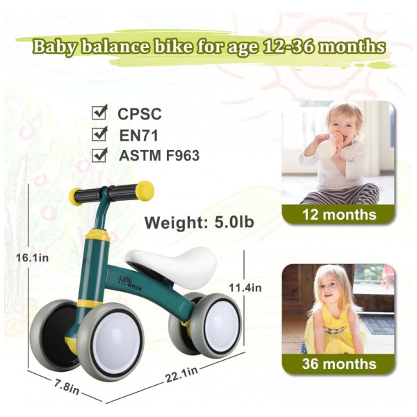 Encontraproduto.com.br - Bicicleta sem Pedal com 4 Rodas para Crianças de 1 a 3 Anos, HAWEEK, Verde Escuro