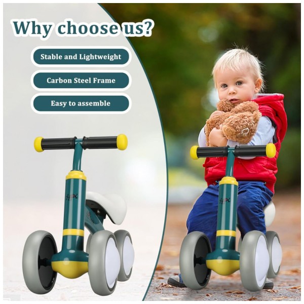 Encontraproduto.com.br - Bicicleta sem Pedal com 4 Rodas para Crianças de 1 a 3 Anos, HAWEEK, Verde Escuro