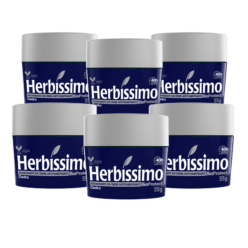 Encontraproduto.com.br - Kit Desodorante Herbíssimo Creme Antitranspirante Bioprotect Cedro 55G com 6 unidades