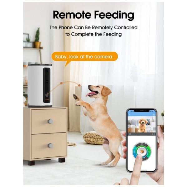Encontraproduto.com.br - Câmera Full HD Wi Fi com Dispensador de Petiscos para Animais de Estimação, WOPET, Branco