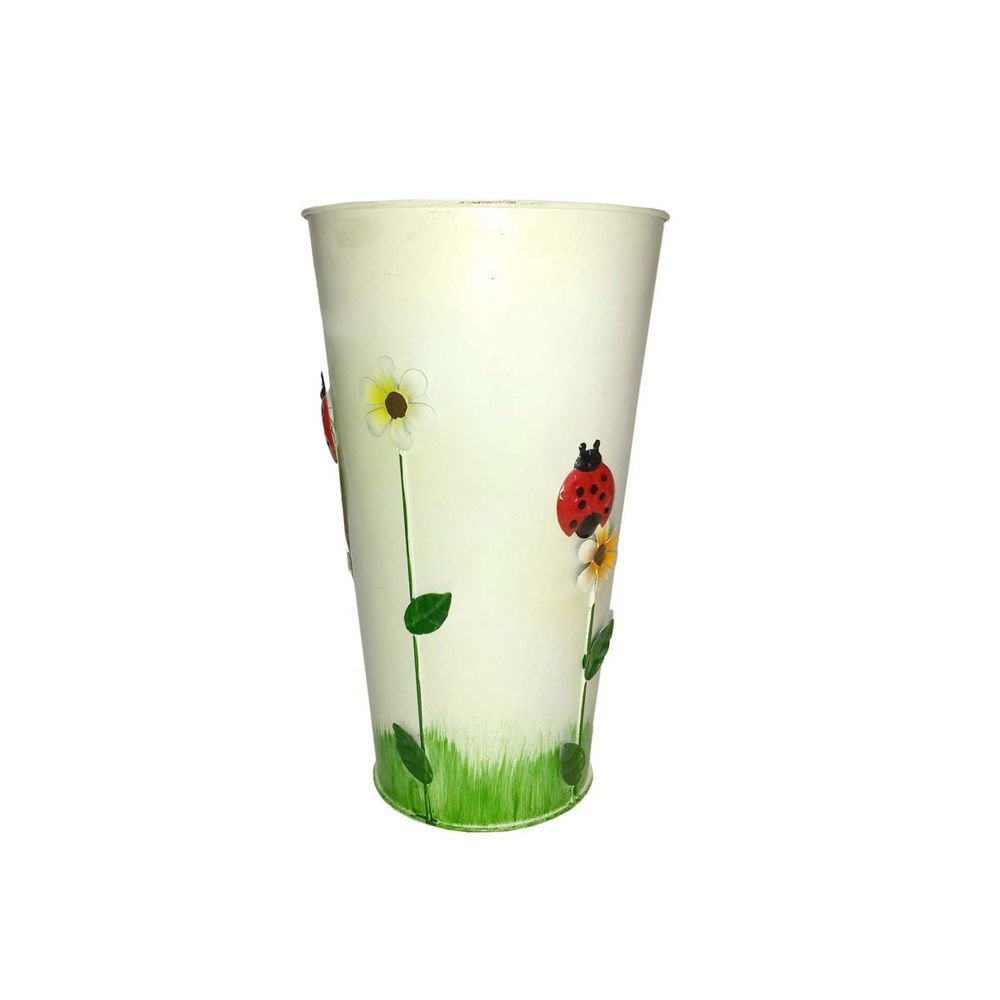 Encontraproduto.com.br - Vaso Balde De Ferro Jardim Joaninha Flor Branco (Sybo-G8)