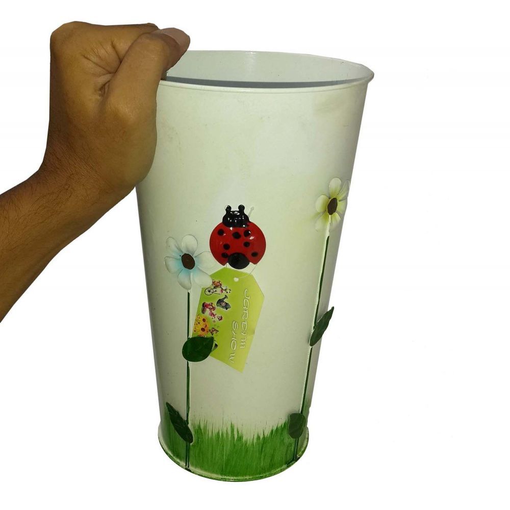 Encontraproduto.com.br - Vaso Balde De Ferro Jardim Joaninha Flor Branco (Sybo-G8)