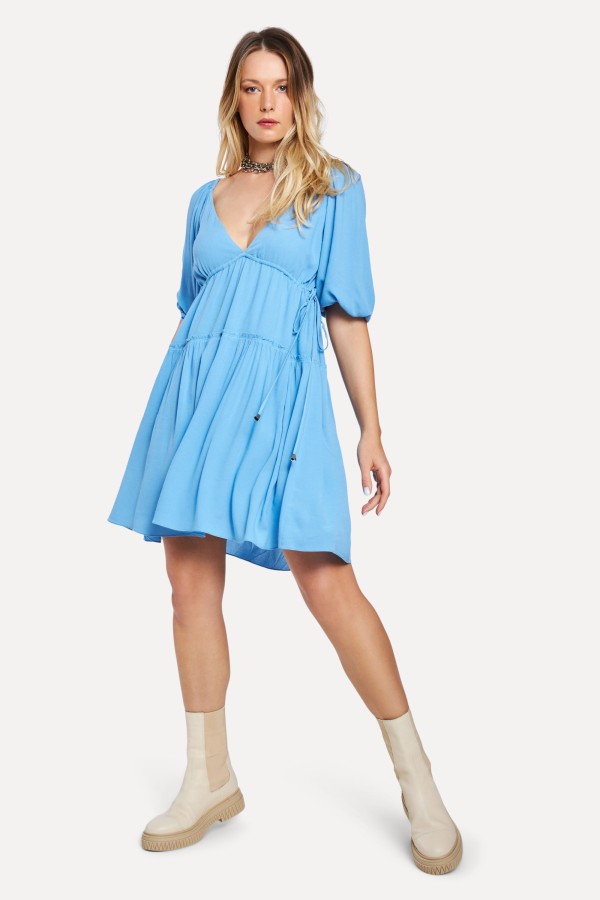 Vestido Curto Manga Bufante Liso