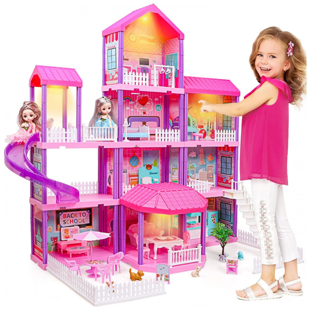 Doll House Casa de Bonecas de Madeira com 2 Princesas 4 Andares 11 Quartos e Luzes para Crianças a partir de 4 anos, BEEFUNNI, Rosa
