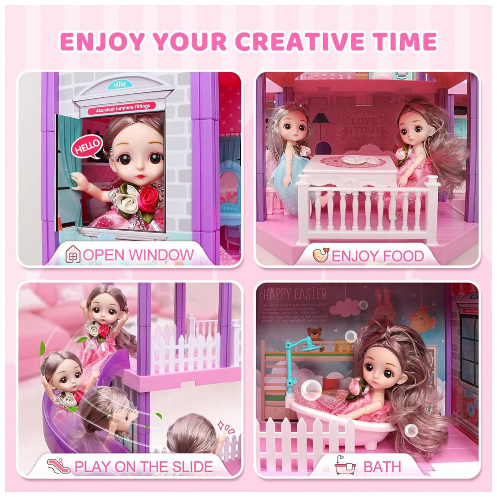 Encontraproduto.com.br - Doll House Casa de Bonecas de Madeira com 2 Princesas 4 Andares 11 Quartos e Luzes para Crianças a partir de 4 anos, BEEFUNNI, Rosa