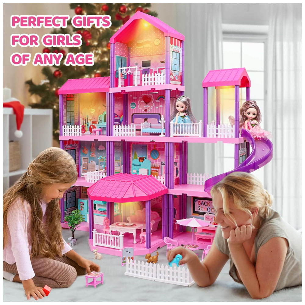 Encontraproduto.com.br - Doll House Casa de Bonecas de Madeira com 2 Princesas 4 Andares 11 Quartos e Luzes para Crianças a partir de 4 anos, BEEFUNNI, Rosa