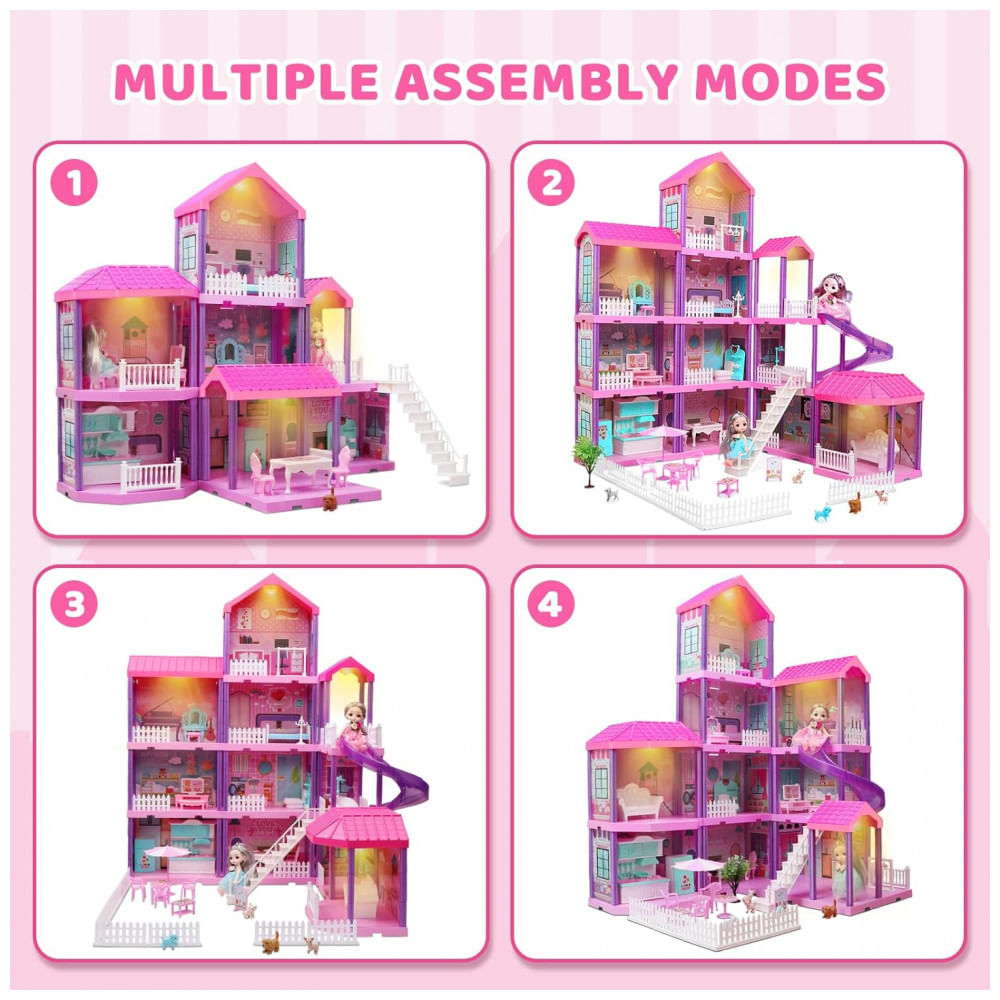 Encontraproduto.com.br - Doll House Casa de Bonecas de Madeira com 2 Princesas 4 Andares 11 Quartos e Luzes para Crianças a partir de 4 anos, BEEFUNNI, Rosa