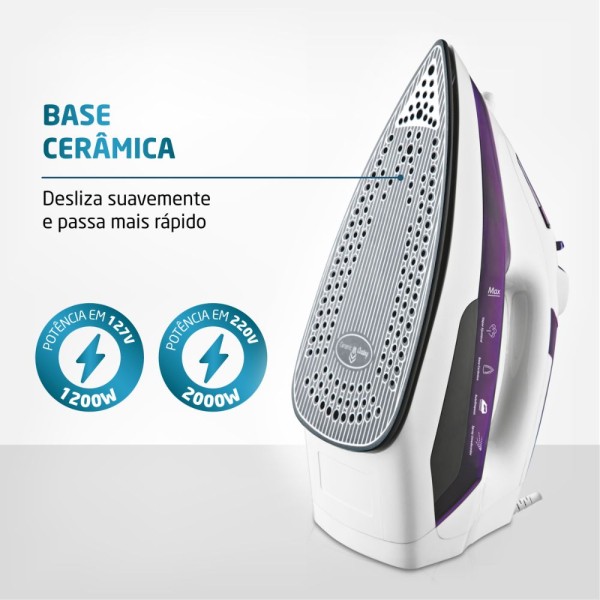 Encontraproduto.com.br - Ferro a Vapor Mondial Ceramic Express F-40 Vapor Vertical Branco/Lilás