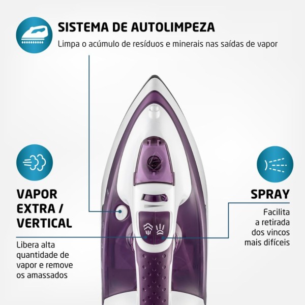 Encontraproduto.com.br - Ferro a Vapor Mondial Ceramic Express F-40 Vapor Vertical Branco/Lilás