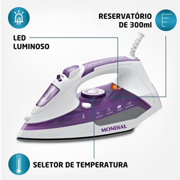 Encontraproduto.com.br - Ferro a Vapor Mondial Ceramic Express F-40 Vapor Vertical Branco/Lilás