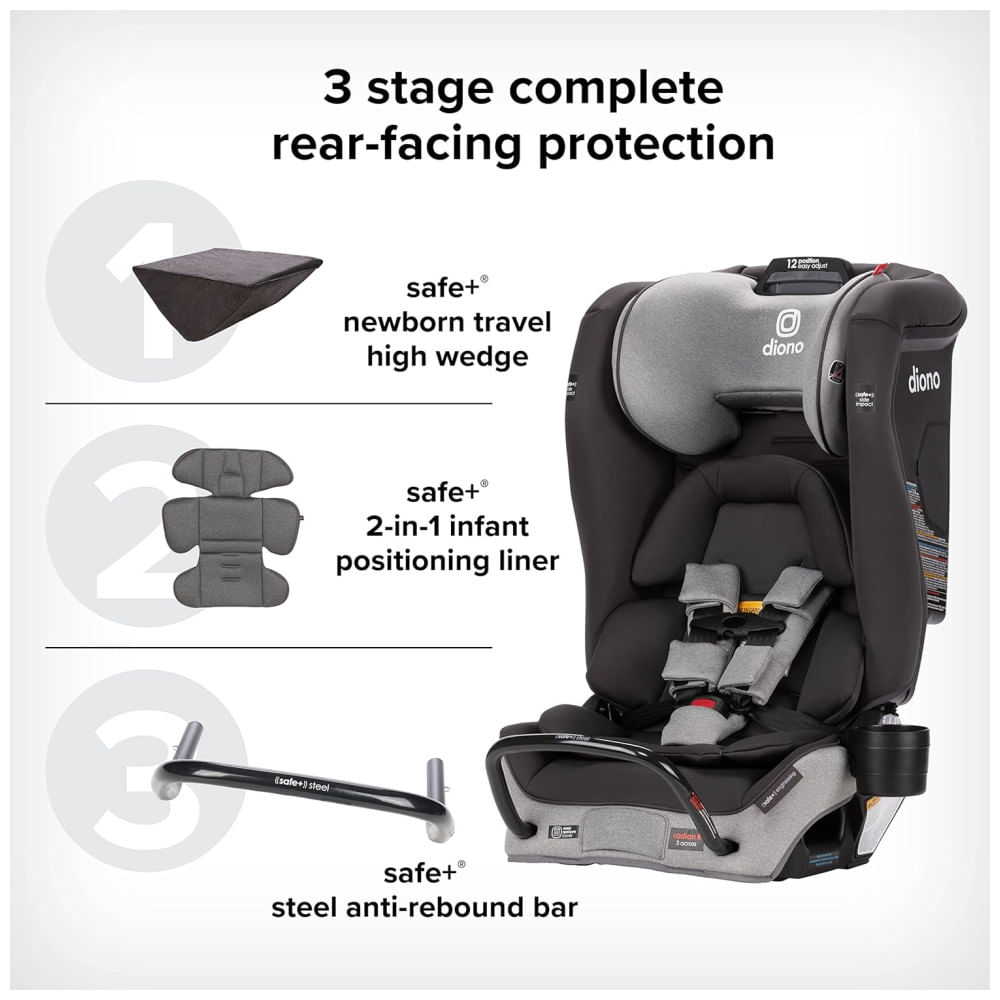 Cadeira de Bebê para Carro 4 em 1, 10 Anos de Uso com Engenharia de Segurança, Diono Radian 3RXT SafePlus, Cinza