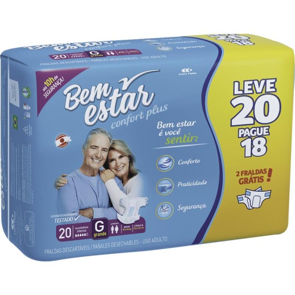 Encontraproduto.com.br - Fralda Geriátrica Bem Estar Confort Plus G Pacote com 20 unidades