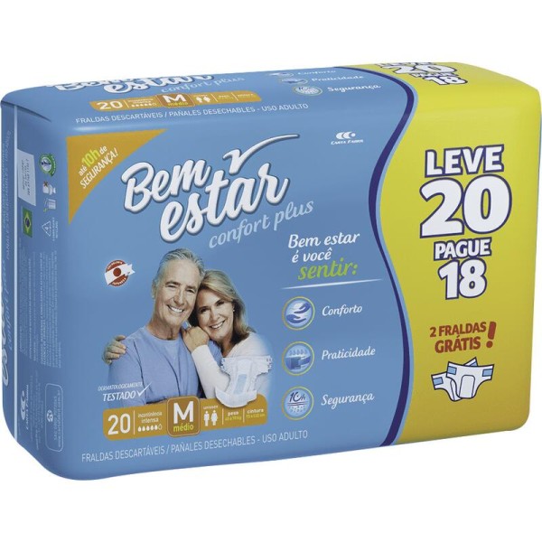 Encontraproduto.com.br - Fralda Geriátrica Bem Estar Confort Plus M Pacote com 20 unidades