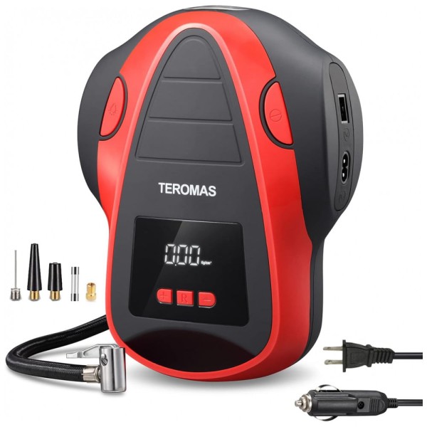 Compressor de Ar com Fio Portátil 150 PSI com Tela LED e Manômetro, 12V, TEROMAS, Vermelho