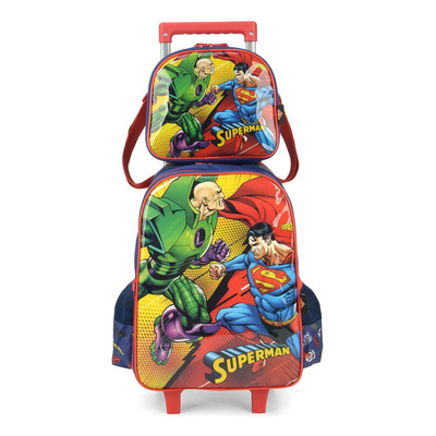 Kit Mochila de Rodinhas Lancheira Luxcel Super Man Azul