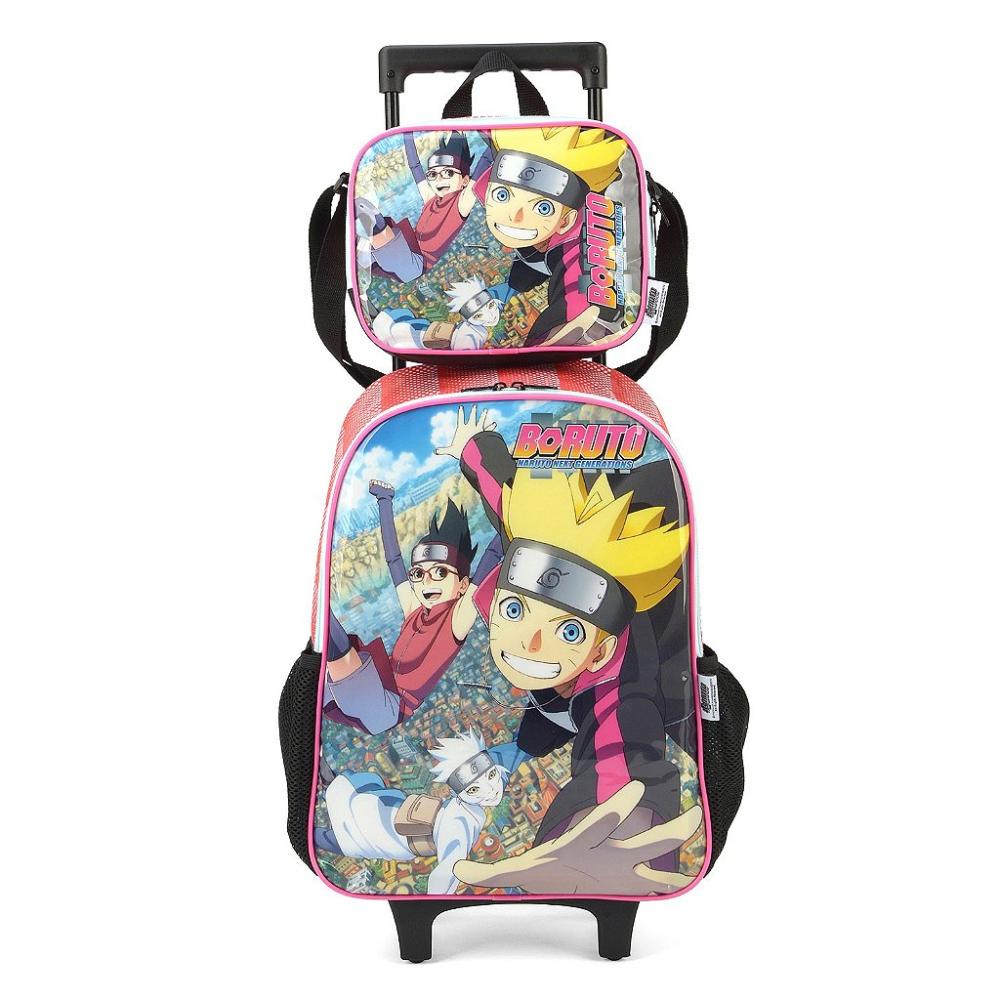 Encontraproduto.com.br - Kit Mochila de Rodinhas Lancheira Luxcel Boruto Vermelho
