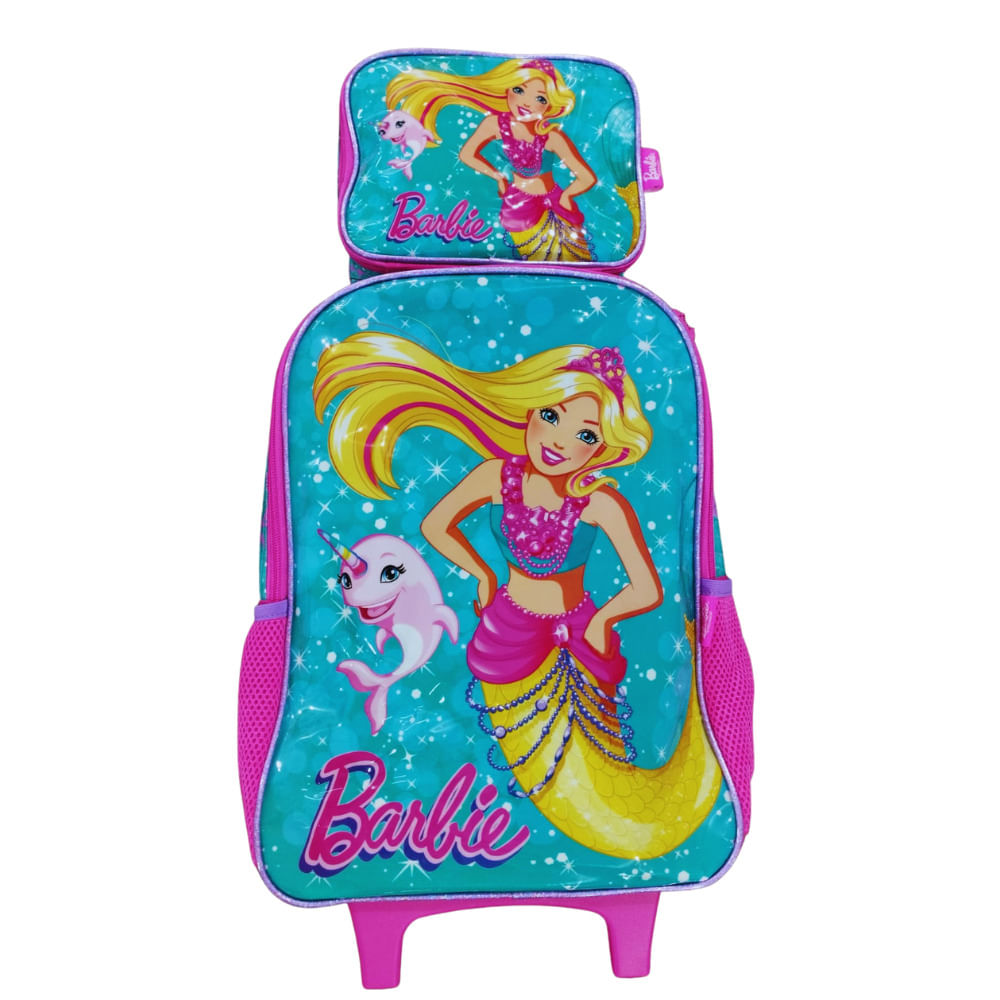 Encontraproduto.com.br - Kit Mochila de Rodinhas e Lancheira Luxcel Barbie Verde