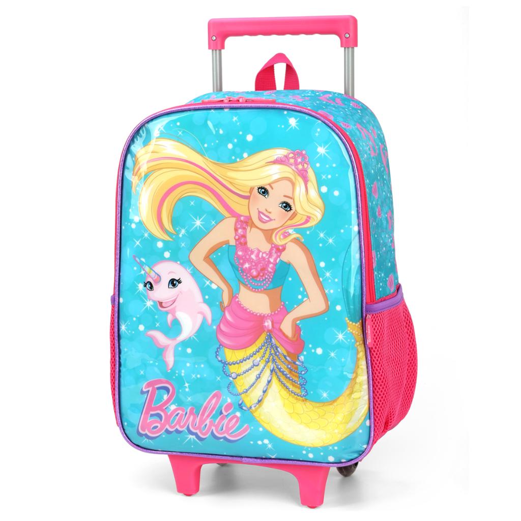 Encontraproduto.com.br - Kit Mochila de Rodinhas e Lancheira Luxcel Barbie Verde