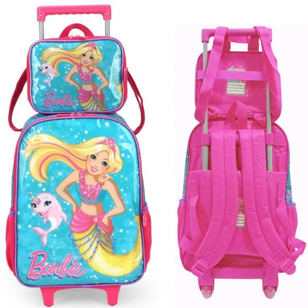 Encontraproduto.com.br - Kit Mochila de Rodinhas e Lancheira Luxcel Barbie Verde