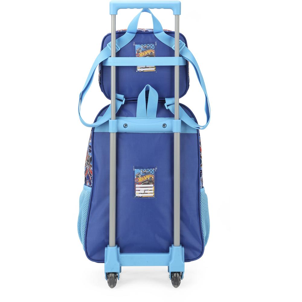 Encontraproduto.com.br - Kit Mochila de Rodinhas e Lancheira Luxcel Hot Wheels Azul