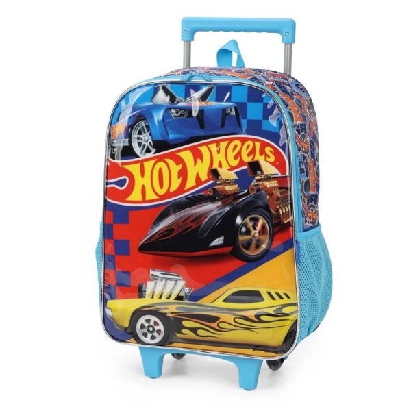 Encontraproduto.com.br - Kit Mochila de Rodinhas e Lancheira Luxcel Hot Wheels Azul