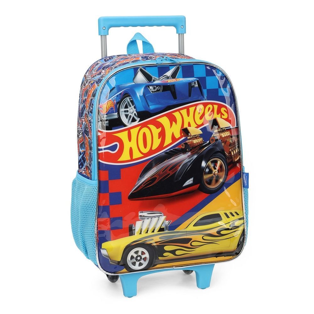 Encontraproduto.com.br - Kit Mochila de Rodinhas e Lancheira Luxcel Hot Wheels Azul