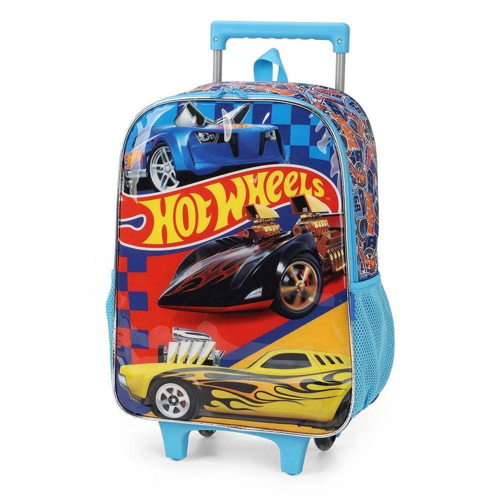 Encontraproduto.com.br - Kit Mochila de Rodinhas e Lancheira Luxcel Hot Wheels Azul