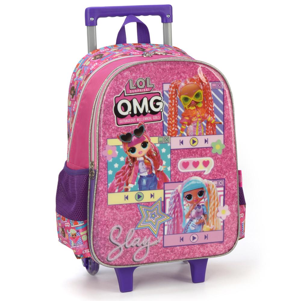 Kit Mochila Rodinhas Lancheira Luxcel Lol OMG Rosa