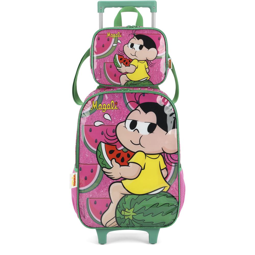 Kit Mochila Rodinhas Lancheira Luxcel Turma da Mônica Rosa