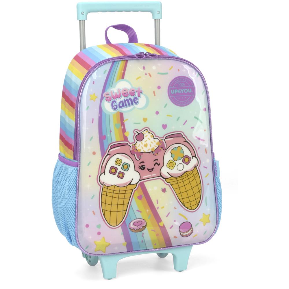 Encontraproduto.com.br - Kit Mochila de Rodinhas Lancheira Luxcel Up4You Game Azul