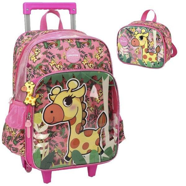Kit Mochila Rodinhas e Lancheira Luxcel Up4You Girafa Pink