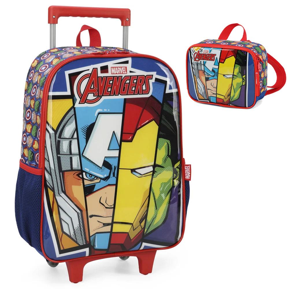 Encontraproduto.com.br - Kit Mochila de Rodinhas e Lancheira Luxcel Avengers Azul