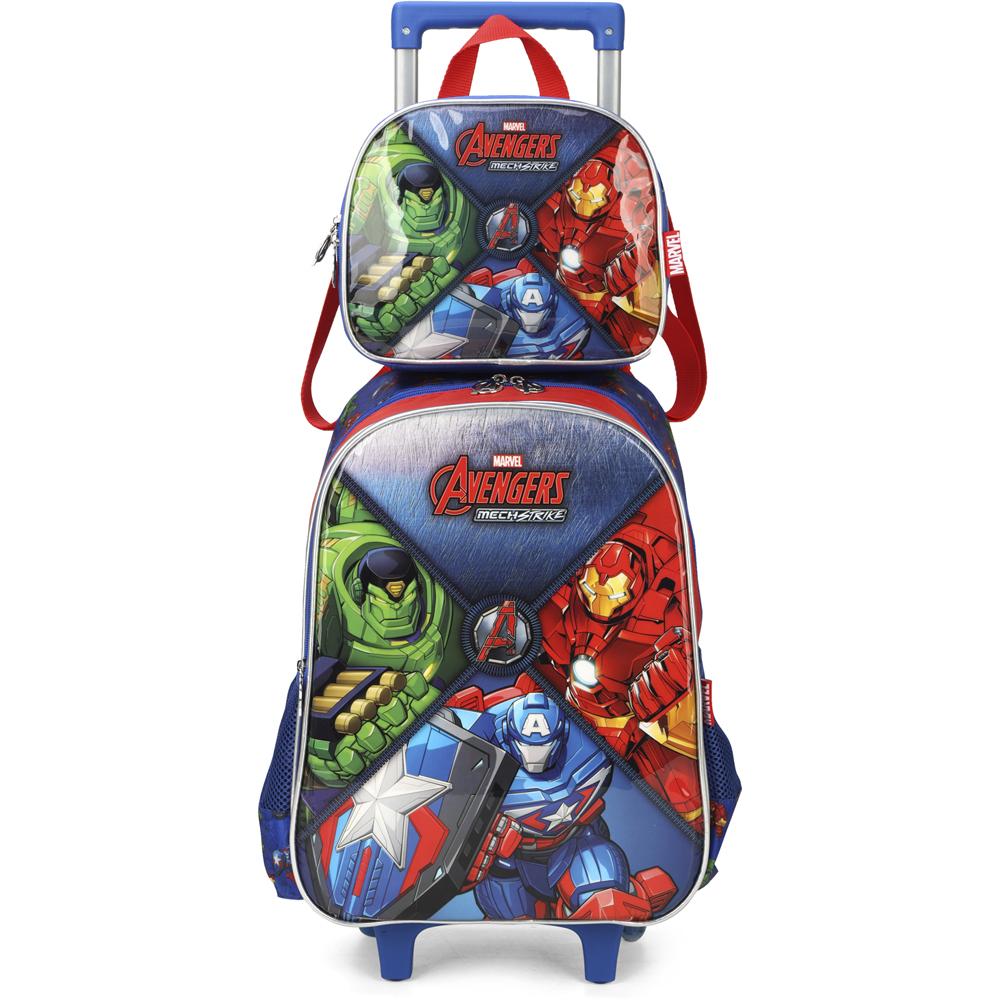 Encontraproduto.com.br - Kit Mochila de Rodinhas Lancheira Luxcel Avengers Azul