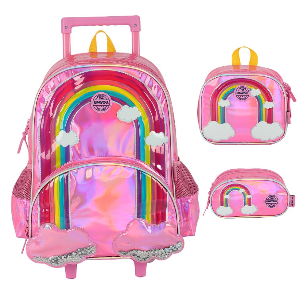 Kit Mochila Sem Alça Lancheira Estojo Luxcel ArcoIris Pink