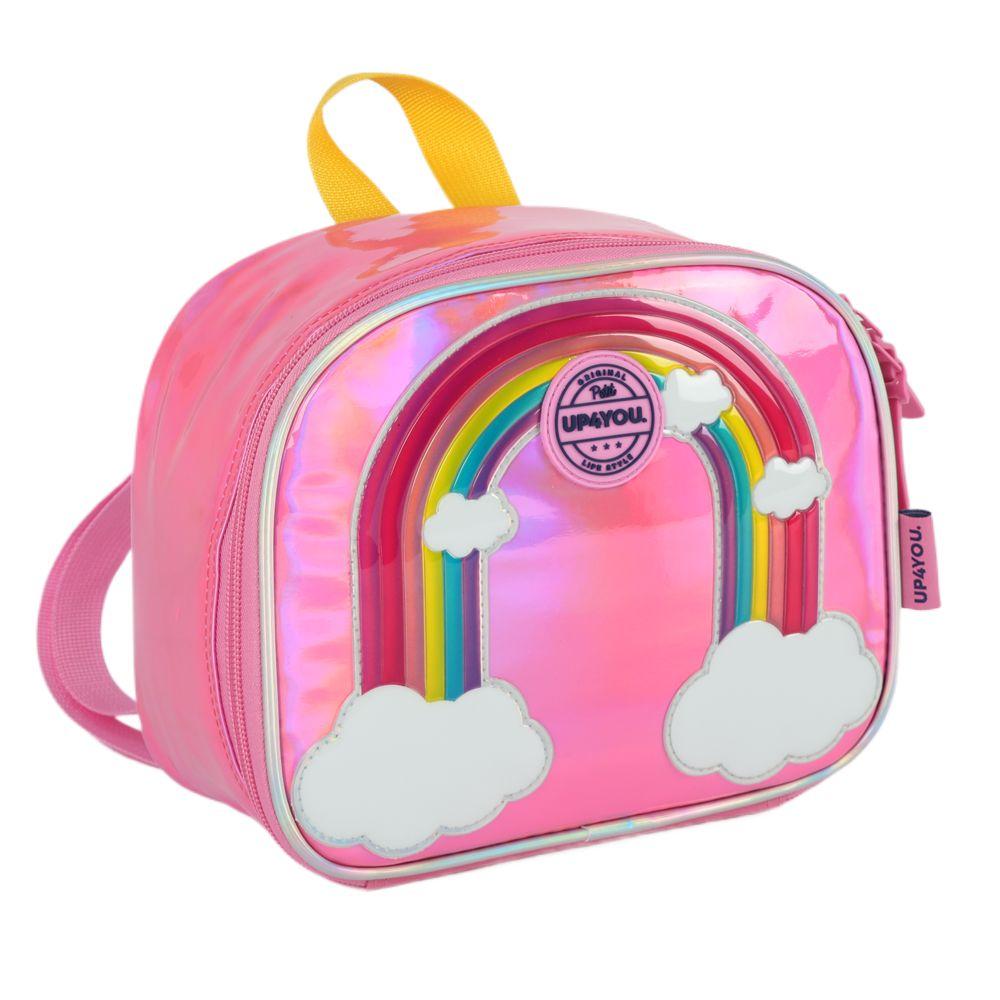 Encontraproduto.com.br - Kit Mochila Sem Alça Lancheira Estojo Luxcel ArcoIris Pink