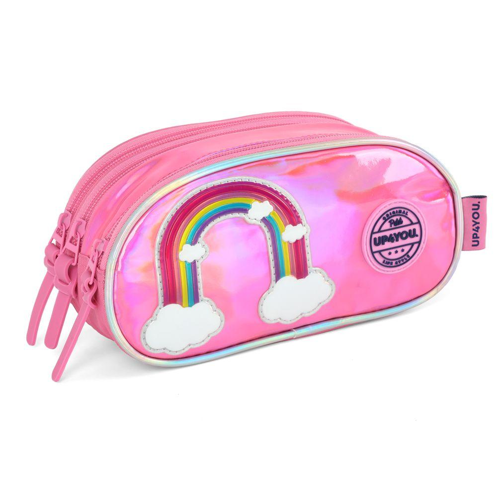 Encontraproduto.com.br - Kit Mochila Sem Alça Lancheira Estojo Luxcel ArcoIris Pink